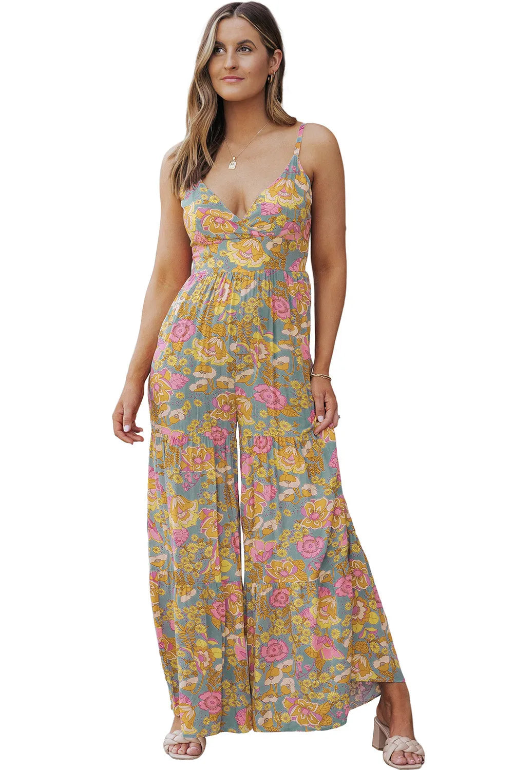 Sky Blue Adjustable Straps Floral Tiered Wide Leg Jumpsuit - Chic Meadow Boutique 