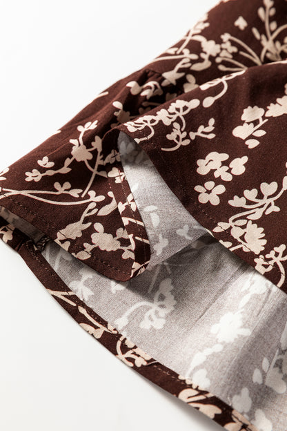 Brown Ditsy Floral Print Split Neck Long Sleeve Shirred Waist Flared Mini Dress