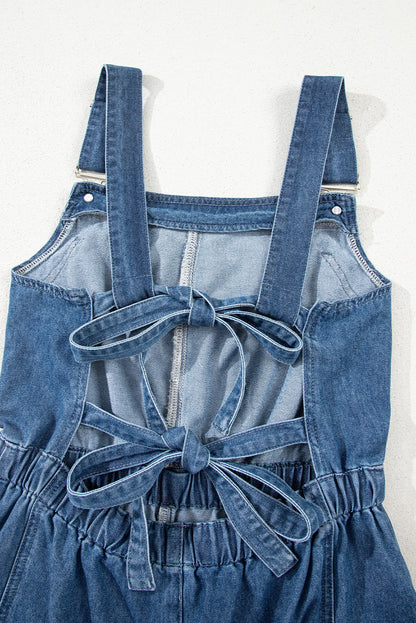 Sky Blue Buckle Straps Bib Style Drawstring Tied Backless Flared Denim Romper
