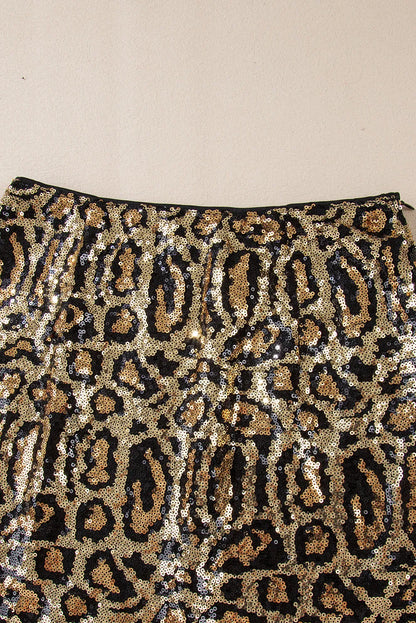 Brown Sequined Leopard Print Disco Mini Skirt - Chic Meadow Boutique 