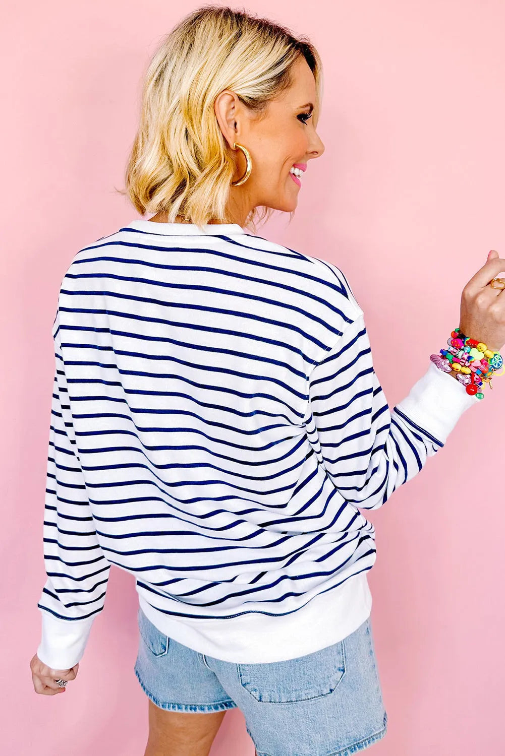 Blue Stripe Chenille FIRECRACKER Embroidered Sweatshirt - Chic Meadow Boutique 