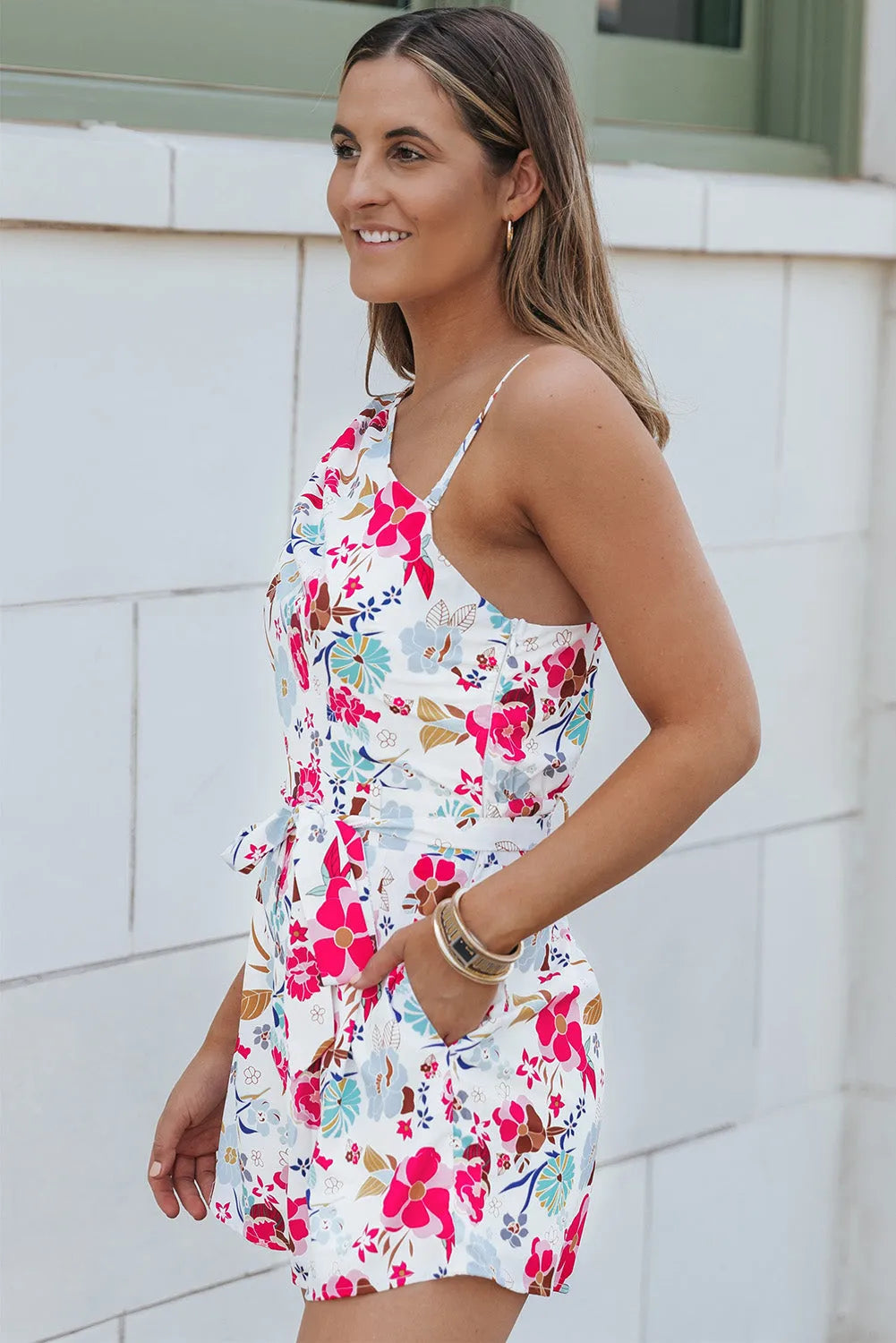 White Floral Single Bubble Sleeve Slant Shoulder Romper - Chic Meadow Boutique 