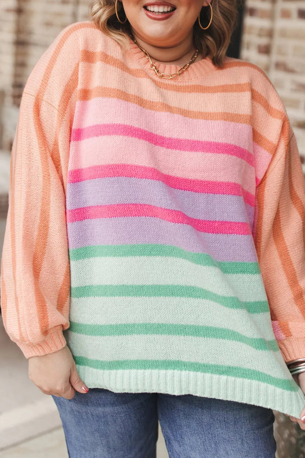 Pink Stripe Color Block Balloon Sleeve Crewneck Plus Size Sweater - Chic Meadow Boutique 