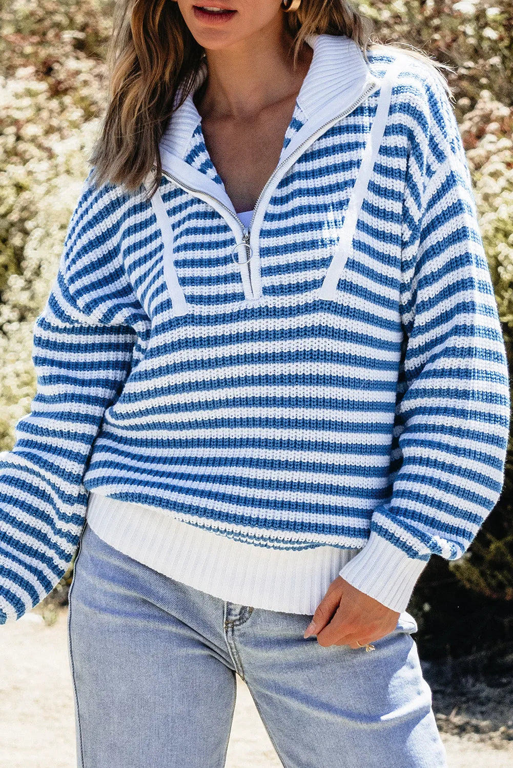 Sky Blue Stripe Zip up Collar Drop Shoulder Sweater - Chic Meadow Boutique 