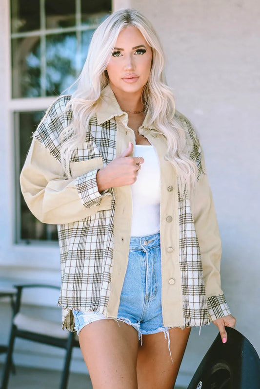 Khaki Distressed Raw Edge Plaid Patchwork Denim Jacket - Chic Meadow Boutique 