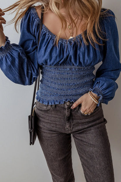 Dark Blue Smocked Ruffled Puff Sleeve V Neck Denim Blouse - Chic Meadow Boutique 