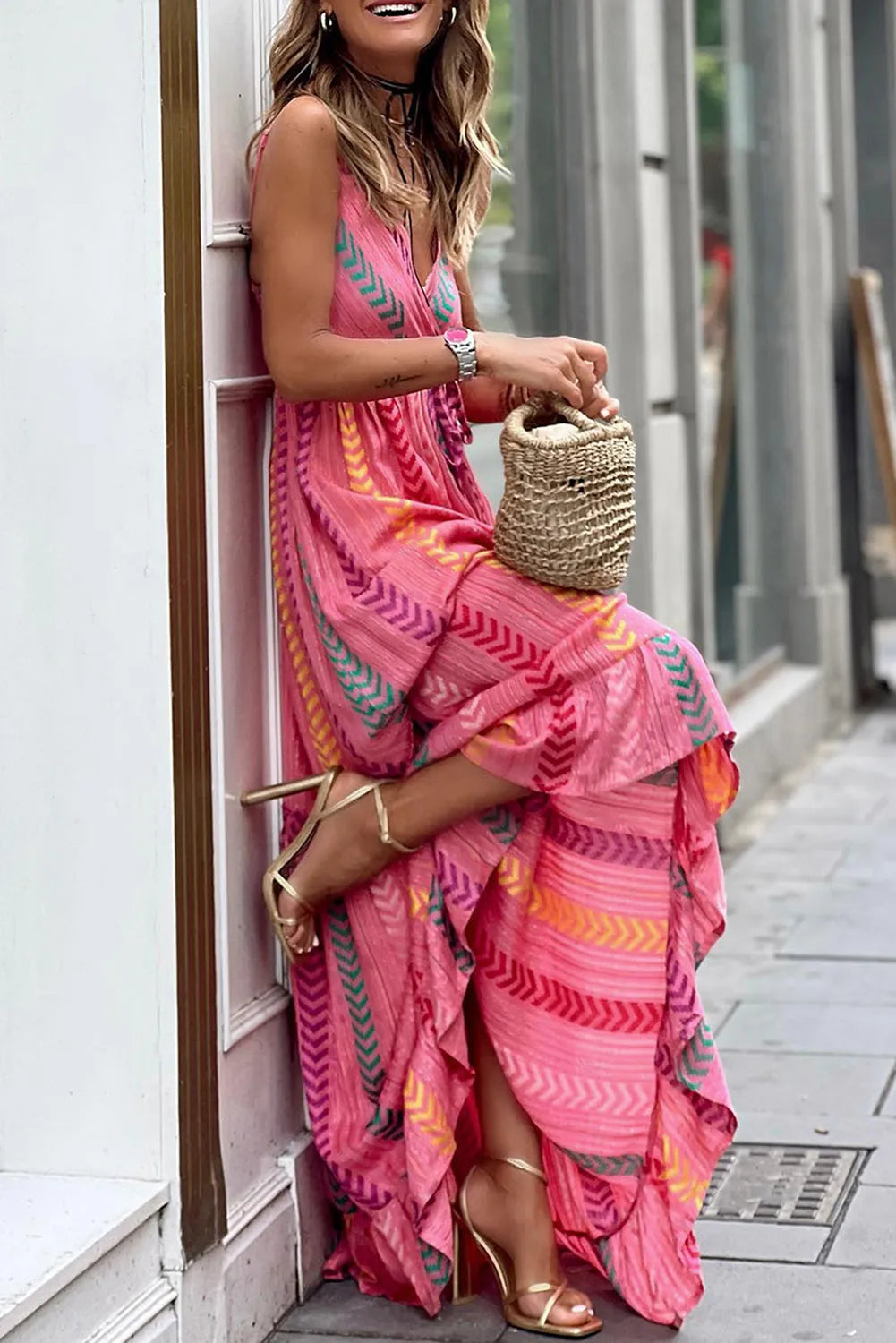 Pink Western Printed Tassel Tie V Neck Wrap Maxi Dress - Chic Meadow Boutique 