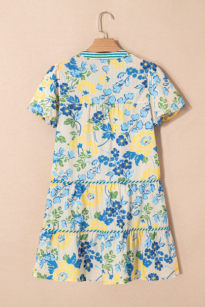 Blue Floral Striped Trim Puff Short Sleeve Dress