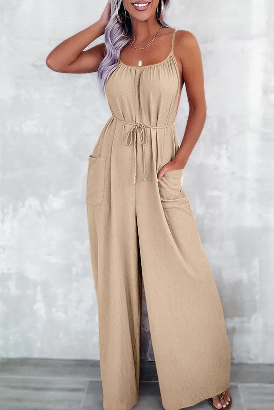 Bottoms/Jumpsuits & Rompers Apricot / S / 100%Polyester Apricot Spaghetti Straps Waist Tie Wide Leg Jumpsuit with Pockets