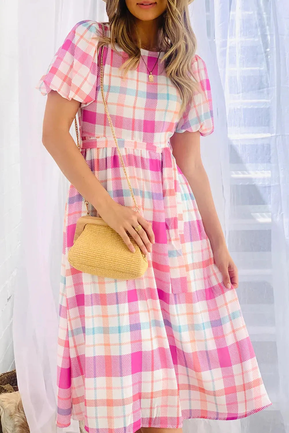 Pink Checkered Puff Sleeve Belted Midi Dress - Chic Meadow Boutique 