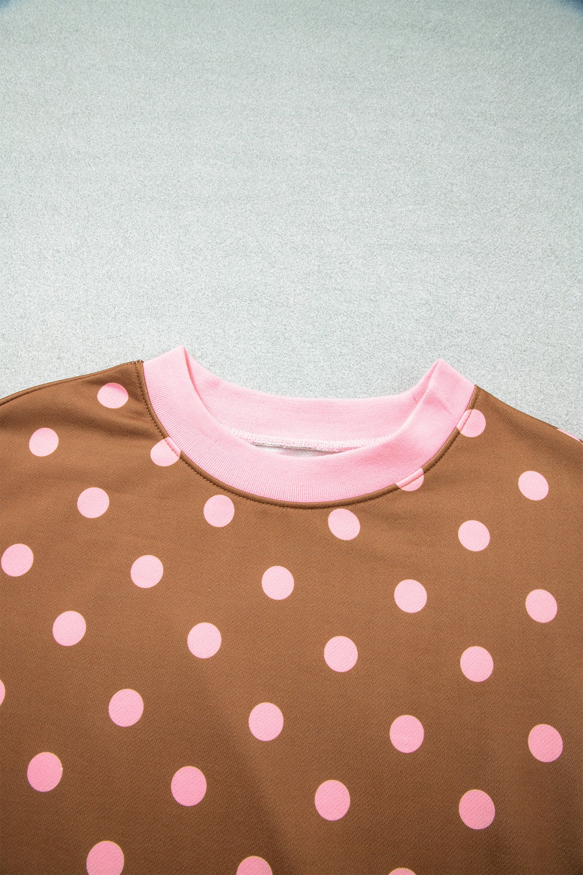 Brown Polka Dot Colorblock Round Neck Pullover Sweatshirt