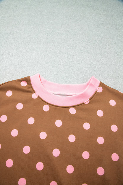 Brown Polka Dot Colorblock Round Neck Pullover Sweatshirt