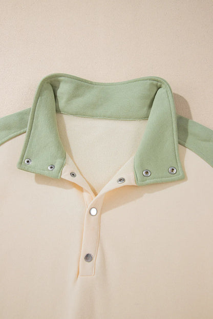 Laurel Green Colorblock Patchwork Buttoned Collar Kangaroo Pocket Sweatshirt - Chic Meadow Boutique 