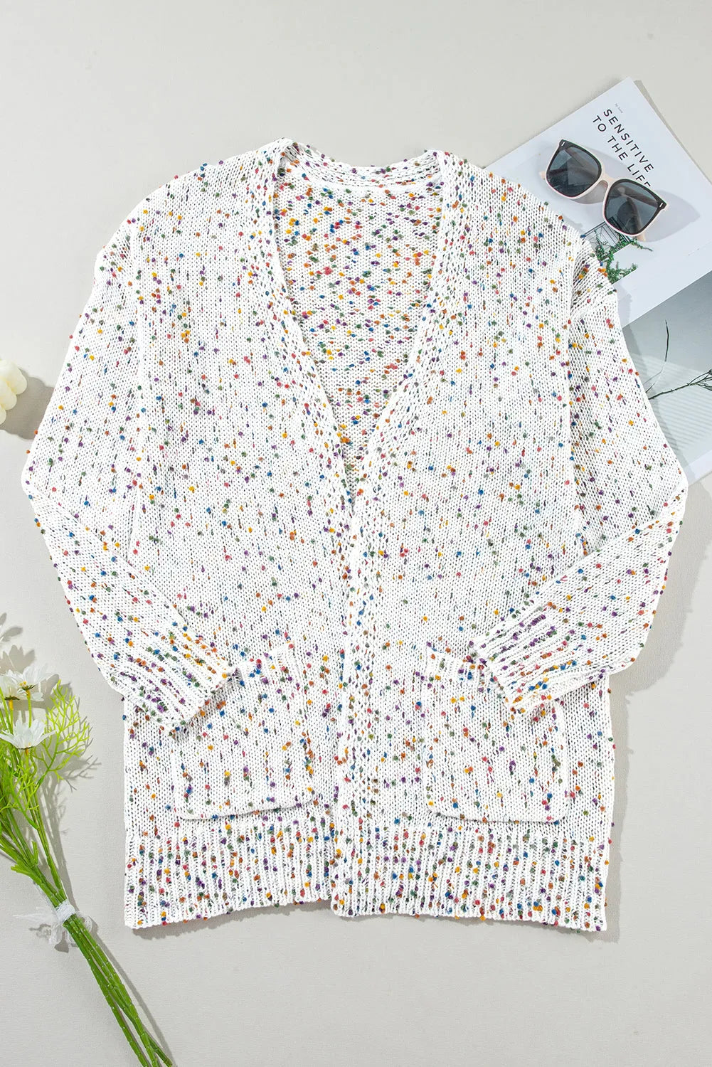 White Multicolor Dotted Rib Knit Long Sleeve Cardigan - Chic Meadow Boutique 