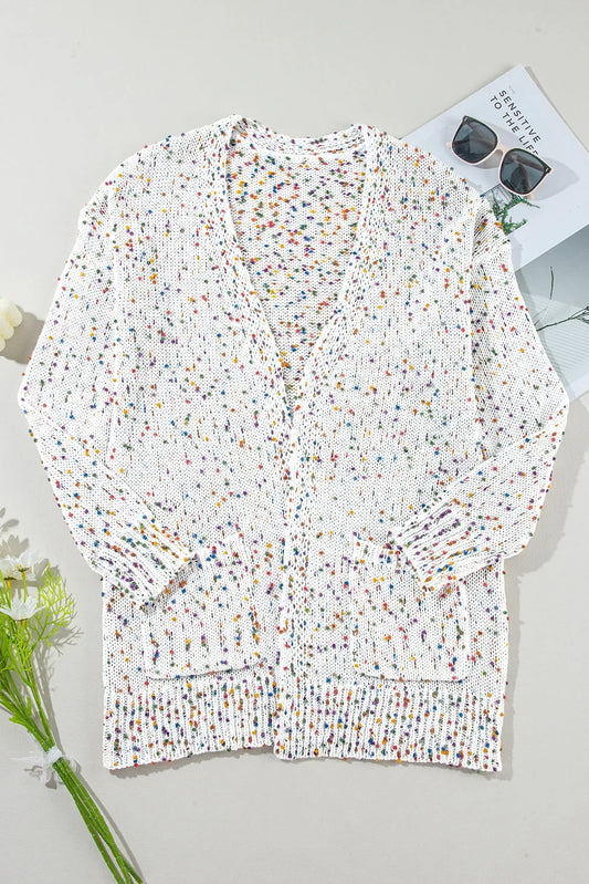 White Multicolor Dotted Rib Knit Long Sleeve Cardigan - Chic Meadow Boutique 