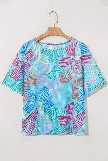 Sky Blue Bowknot Printed Waffle Crewneck Loose Short Sleeve Top