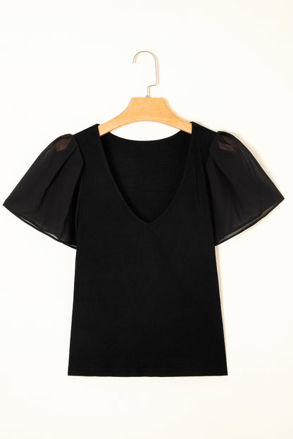 Black Mesh Ruffled Sleeve Slim Fit V Neck Top