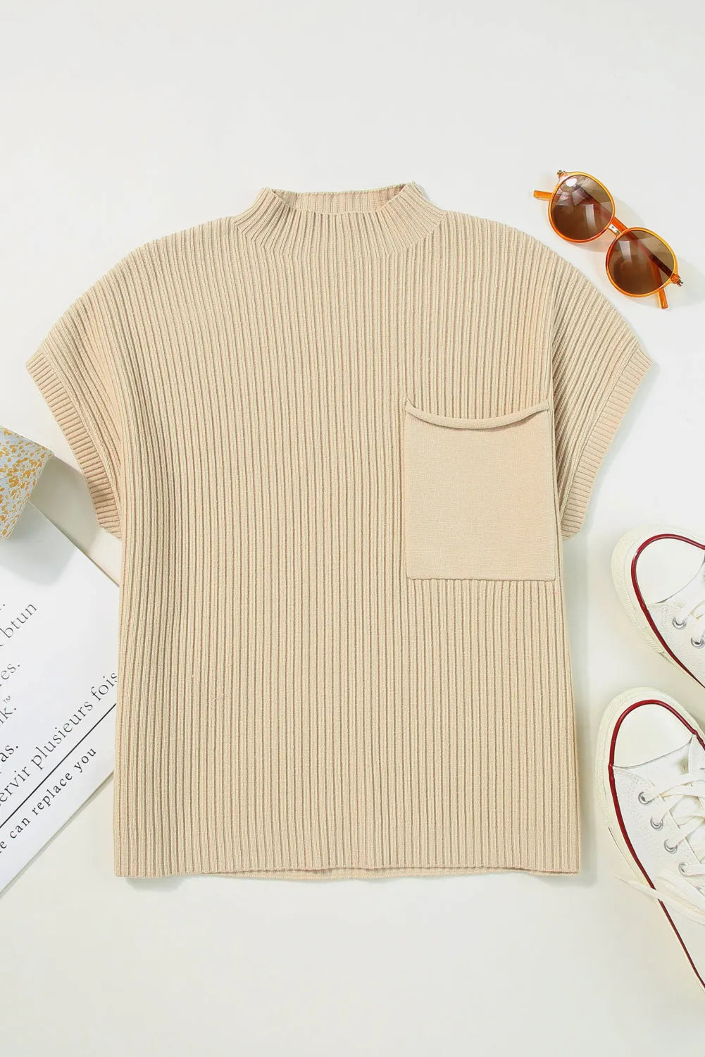 Oatmeal Patch Pocket Ribbed Knit Short Sleeve Sweater - Chic Meadow Boutique 