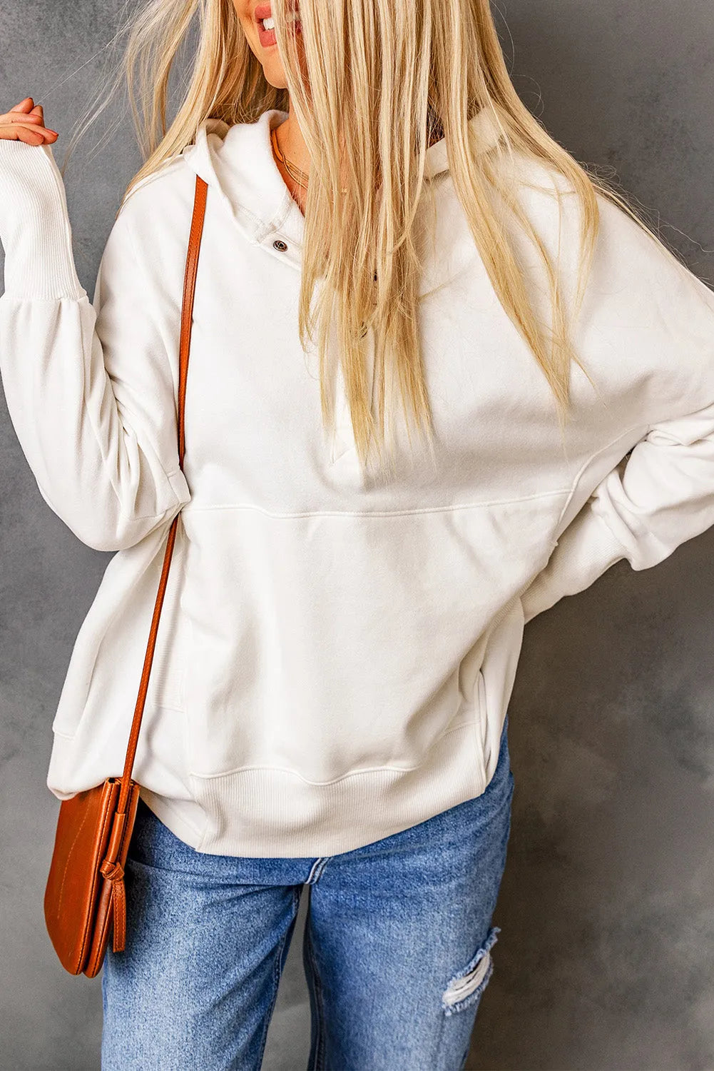 White Batwing Sleeve Pocketed Henley Hoodie - Chic Meadow Boutique 