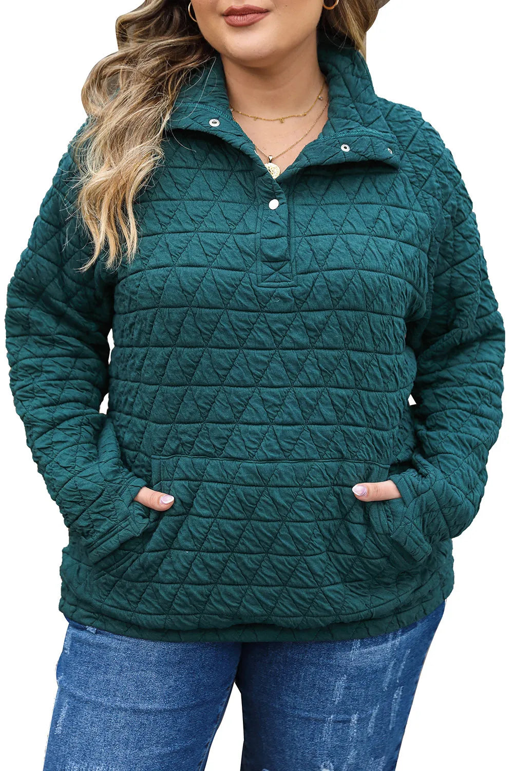 Blackish Green Plus Size Quarter Buttoned Pocketed Quilted Sweatshirt - Chic Meadow Boutique 