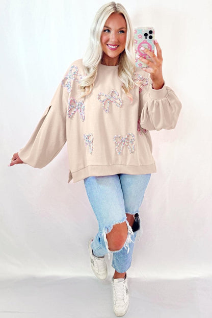 Tops/Sweatshirts & Hoodies Parchment Embroidered Bow Lantern Sleeve Oversized Pullover Sweatshirt