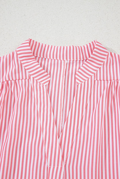 Pink Stripe Notched Neck Frilled Short Puff Sleeve Blouse