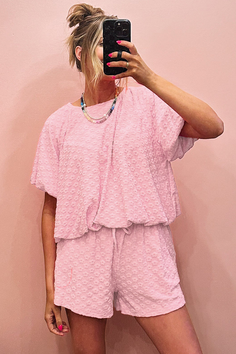 Coral Paradise Daisy Jacquard Textured Casual Short Set