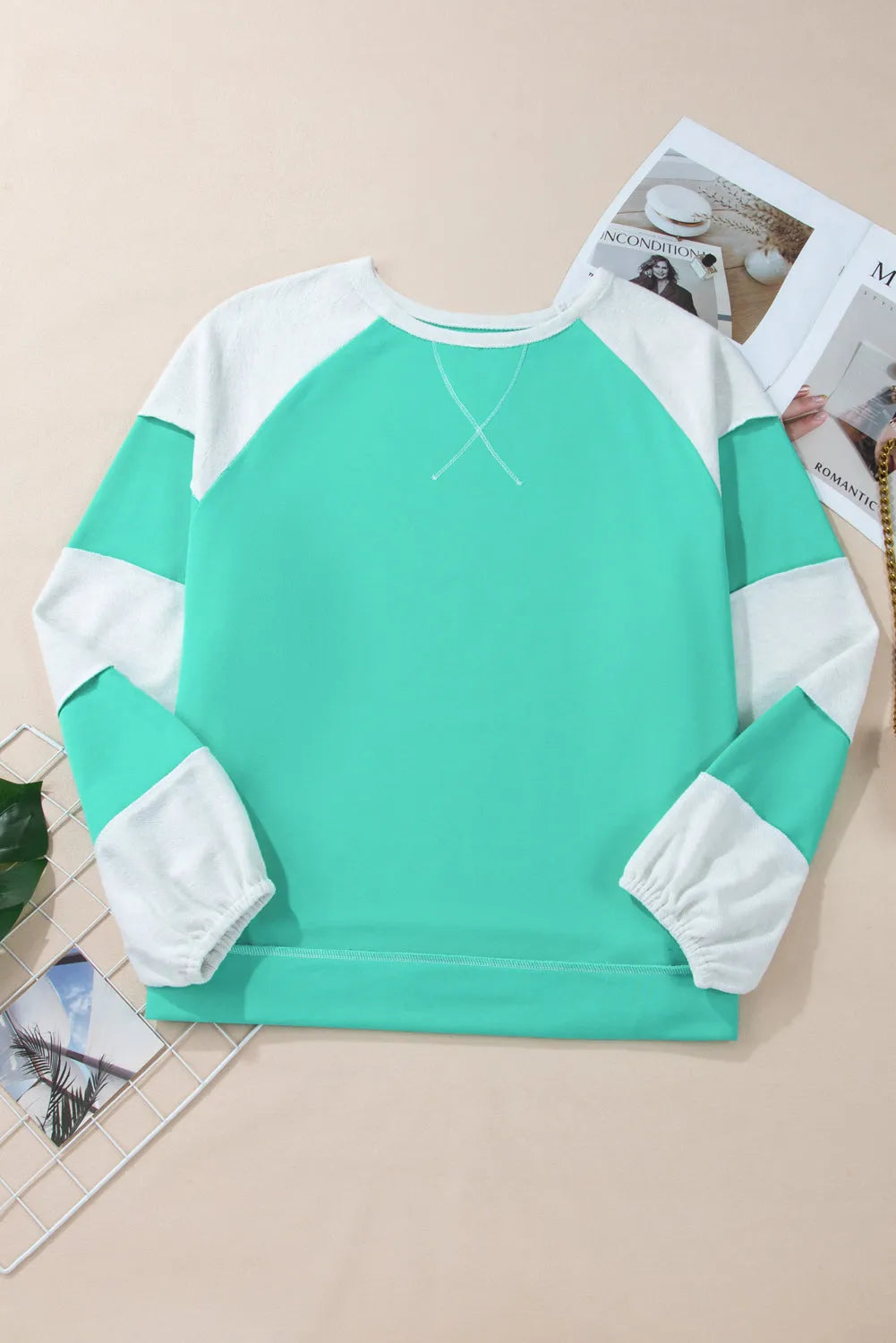 Aruba Blue Colorblock Patchwork Cross Seam Plus Sweatshirt - Chic Meadow Boutique 