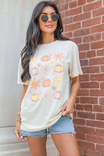 White Floral Pumpkin Graphic Crewneck Halloween T Shirt - Chic Meadow Boutique 