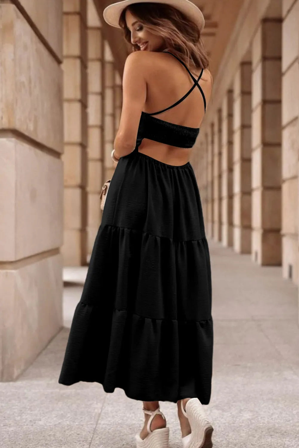 Black Crossover Backless Bodice Tiered Maxi Dress - Chic Meadow Boutique 