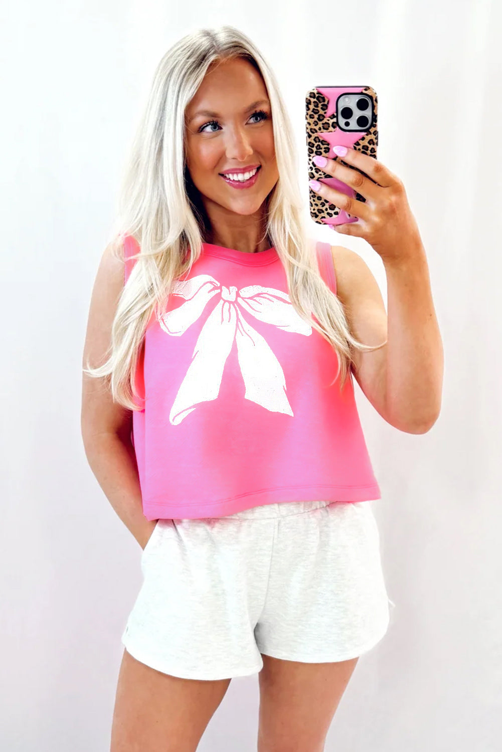 Sachet Pink Bow Print Boxy Fit Tank Top