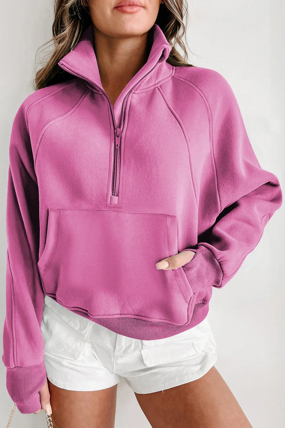 Bonbon Fleece Lined Zip Up Stand Collar Thumbhole Sleeve Sweatshirt - Chic Meadow Boutique 