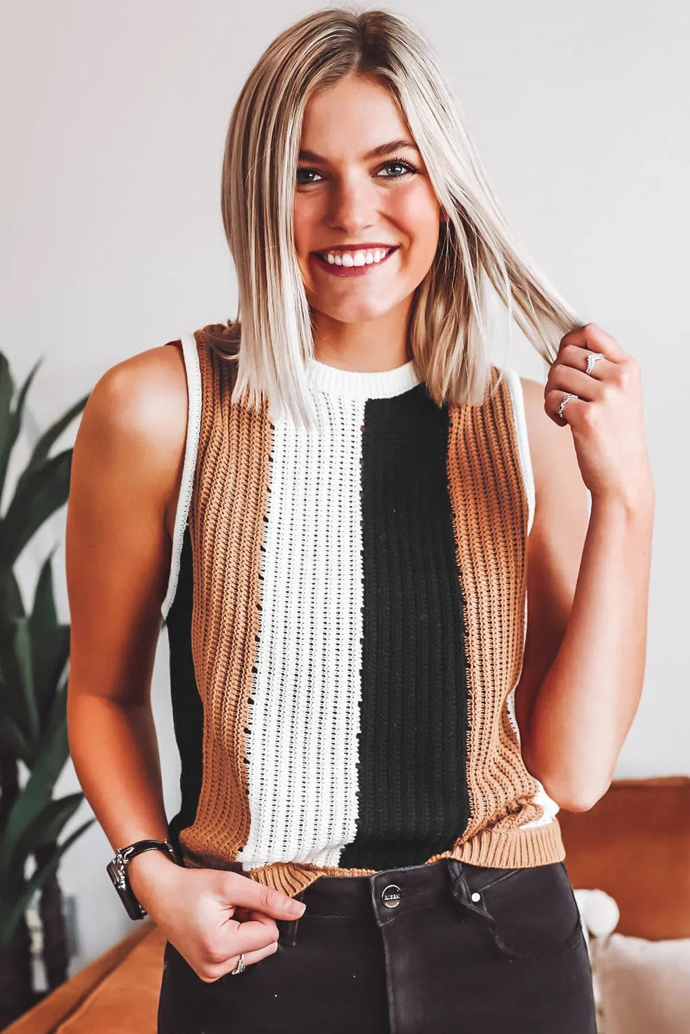 Khaki Stripe Color Block Sleeveless Knitted Sweater Vest - Chic Meadow Boutique 