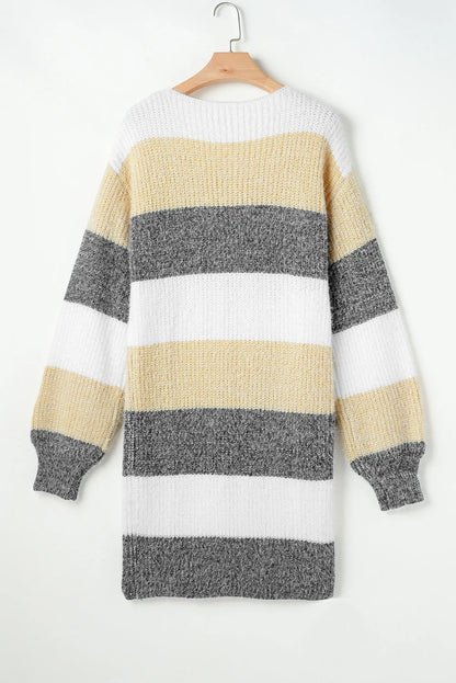 Gray Stripe Colorblock Bubble Sleeve Drop Shoulder Sweater Dress - Chic Meadow Boutique 