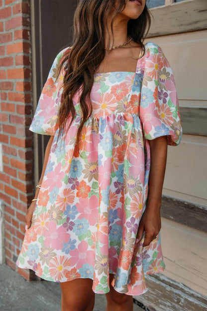 Pink Summer Floral Square Neck Puff Sleeve Babydoll Dress - Chic Meadow Boutique 