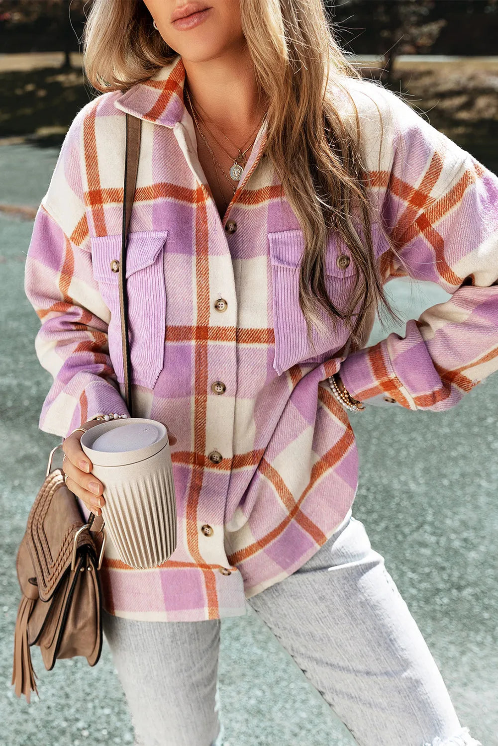 Purple Corduroy Pockets Brushed Checkered Shacket - Chic Meadow Boutique 