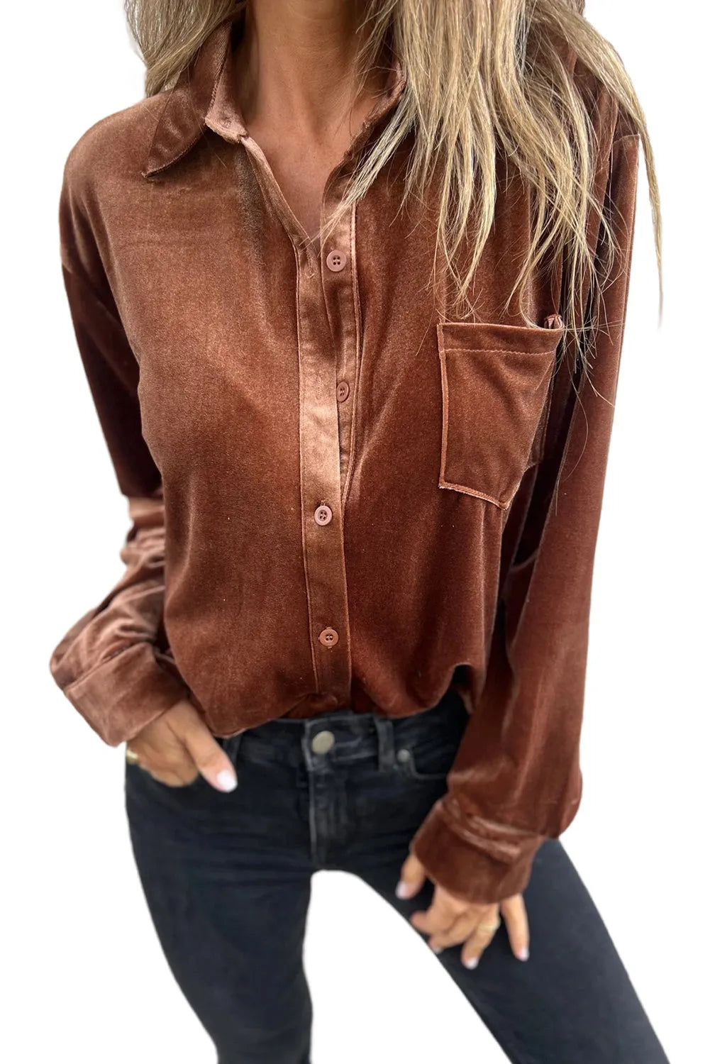 Chestnut Chest Pocket Velvet Shirt - Chic Meadow Boutique 