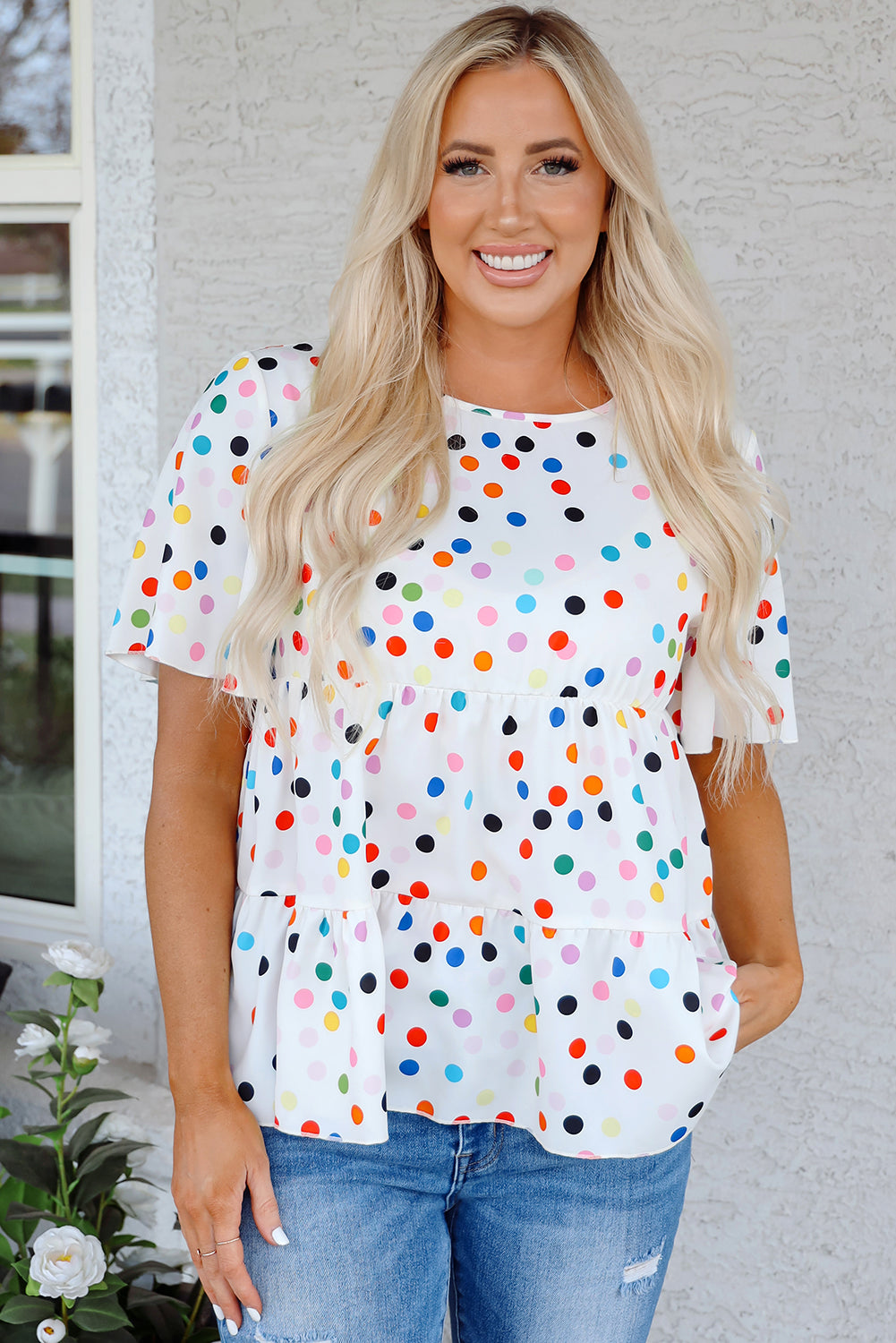 White Colorful Polka Dot Short Sleeve Tiered Ruffled Babydoll Blouse