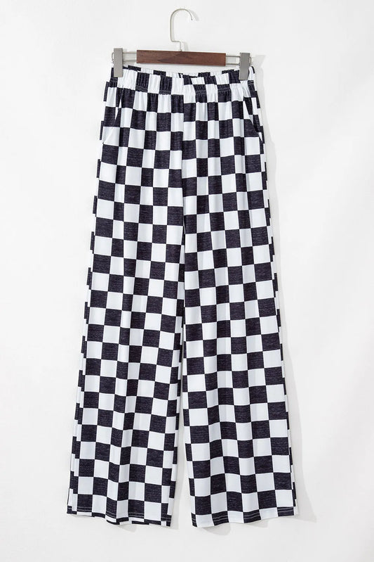 Black 2-Tone Checked Print High Waist Wide Leg Pants - Chic Meadow Boutique 