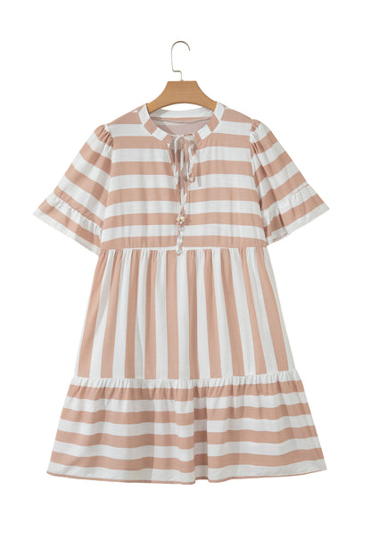 Khaki Stripe Tie V Neck Ruffle Trim Short Sleeve Flared Summer Dress