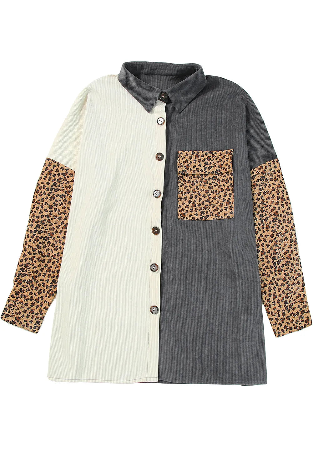 Gray Color Block Leopard Patched Corduroy Shacket - Chic Meadow Boutique 