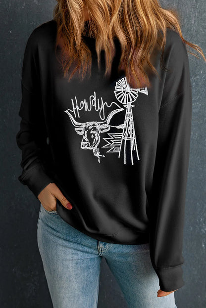 Black Embroidered Howdy Cow Western Graphic Crew Neck Sweatshirt - Chic Meadow Boutique 