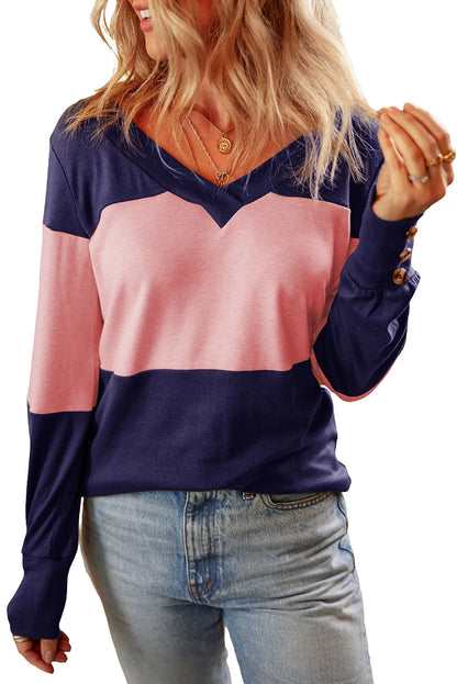 Blue Stripe Colorblock Button Decor Long Sleeve V Neck Top - Chic Meadow Boutique 