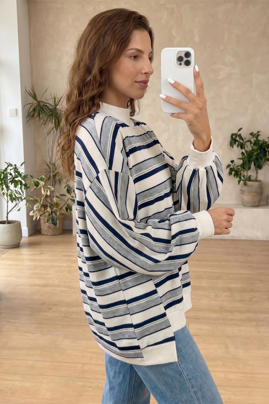 Blue Stripe Striped Ribbed Stand Neck Long Sleeve Shift Silhouette Sweatshirt