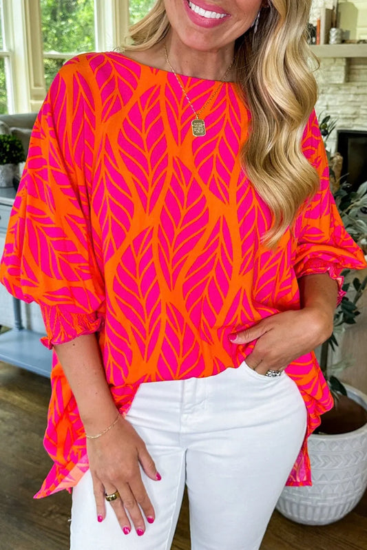 Rose Tropical Leaf Print Smocked Puff Sleeve Blouse - Chic Meadow Boutique 