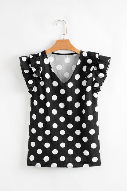 Black Polka Dot Print Ruffled Sleeve V Neck Blouse