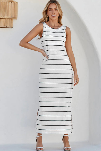 White Stripe Print Open Back Sleeveless Maxi Dress with Slits - Chic Meadow Boutique 