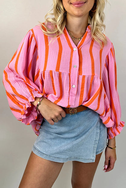 Orange Stripe Crinckled Ruffled Sleeve Button up Loose Shirt - Chic Meadow Boutique 