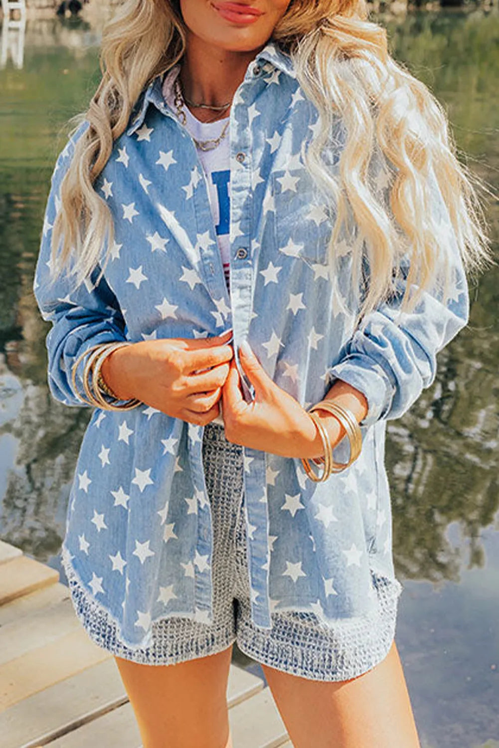 Sky Blue Star Print Light Wash Raw Hem Denim Jacket - Chic Meadow Boutique 