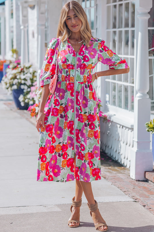 Rose Vibrant Floral Print V Neck Zip Up Puffy Half Sleeve Dress